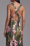 Olive Floral Square Neck Maxi Formal Dress