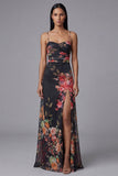 Floral Printed Ivory Ruched Long Formal Dress with Slit