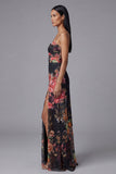 Floral Printed Ivory Ruched Long Formal Dress with Slit