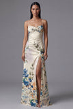 Floral Printed Ivory Ruched Long Formal Dress with Slit