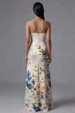 Floral Printed Ivory Ruched Long Formal Dress with Slit