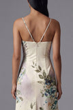 Floral Printed Ivory Ruched Long Formal Dress with Slit