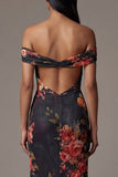 Black Floral Off the Shoulder Cut Out Mermaid Formal Dress