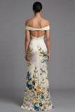 Off the Shoulder Mermaid Cut Out Ivory Printed Formal Dress