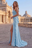 Sky Blue Mermaid Ruched Maxi Prom Dress with Streamer