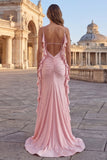 Pink Mermaid Beaded Maxi Prom Dress with Streamer