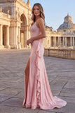 Pink Mermaid Beaded Maxi Prom Dress with Streamer