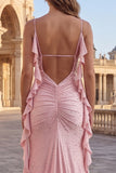 Pink Mermaid Beaded Maxi Prom Dress with Streamer