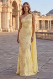 One Shoulder Mermaid Appliqued Yellow Prom Dress with Streamer