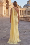 One Shoulder Mermaid Appliqued Yellow Prom Dress with Streamer