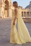 One Shoulder Mermaid Appliqued Yellow Prom Dress with Streamer