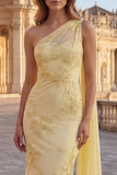 One Shoulder Mermaid Appliqued Yellow Prom Dress with Streamer
