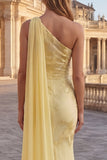 One Shoulder Mermaid Appliqued Yellow Prom Dress with Streamer