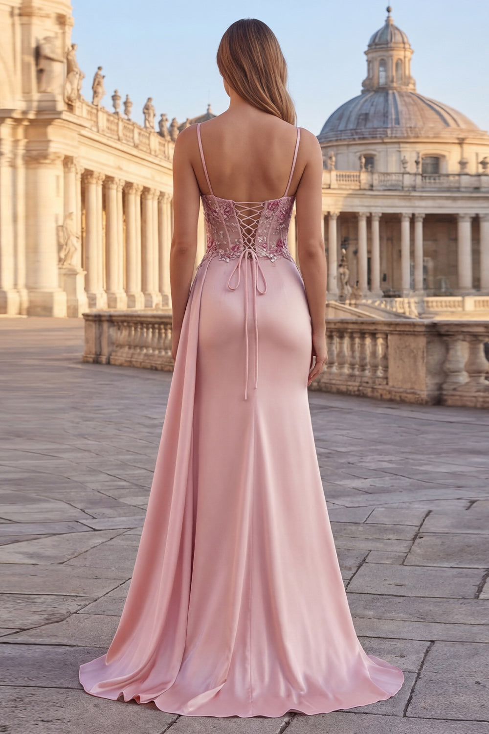 Wedtrend Women Pink Corset Prom Dress with Slit Mermaid Appliqued