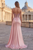 Pink Corset Mermaid Appliqued Prom Dress with Side Cape