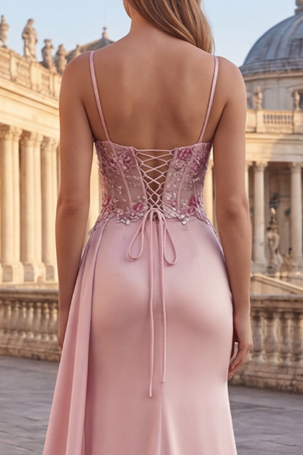Wedtrend Women Pink Corset Prom Dress with Slit Mermaid Appliqued