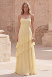 Yellow A Line Ruffled Maxi Bridesmaid Dress