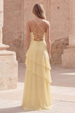 Yellow A Line Ruffled Maxi Bridesmaid Dress