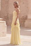 Yellow A Line Ruffled Maxi Bridesmaid Dress