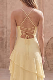 Yellow A Line Ruffled Maxi Bridesmaid Dress