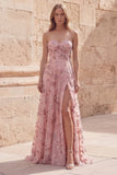 Strapless Blush Appliqued Ruched A Line Prom Dress with Slit