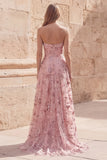 Strapless Blush Appliqued Ruched A Line Prom Dress with Slit