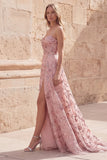Strapless Blush Appliqued Ruched A Line Prom Dress with Slit