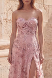 Strapless Blush Appliqued Ruched A Line Prom Dress with Slit