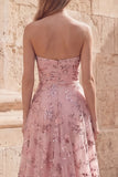 Strapless Blush Appliqued Ruched A Line Prom Dress with Slit