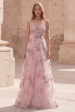 Floral Pink Sequin A Line Maxi Prom Dress