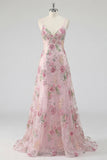 Floral Pink Sequin A Line Maxi Prom Dress