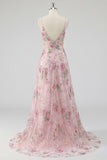 Floral Pink Sequin A Line Maxi Prom Dress
