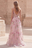 Floral Pink Sequin A Line Maxi Prom Dress