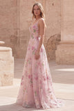 Floral Pink Sequin A Line Maxi Prom Dress