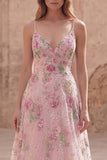 Floral Pink Sequin A Line Maxi Prom Dress