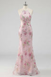 Halter Floral Pink Sequin Mermaid Maxi Prom Dress