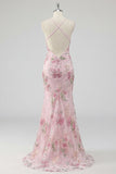 Halter Floral Pink Sequin Mermaid Maxi Prom Dress