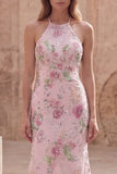Halter Floral Pink Sequin Mermaid Maxi Prom Dress