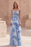 Blue Floral Tiered A Line Corset Maxi Prom Dress