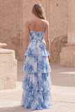 Blue Floral Tiered A Line Corset Maxi Prom Dress