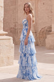 Blue Floral Tiered A Line Corset Maxi Prom Dress