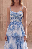 Blue Floral Tiered A Line Corset Maxi Prom Dress