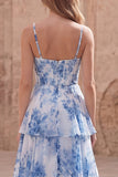 Blue Floral Tiered A Line Corset Maxi Prom Dress