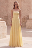 Strapless Yellow A Line Appliqued Maxi Bridesmaid Dress
