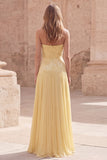 Strapless Yellow A Line Appliqued Maxi Bridesmaid Dress