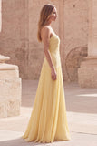 Strapless Yellow A Line Appliqued Maxi Bridesmaid Dress