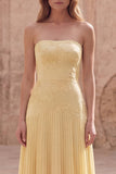 Strapless Yellow A Line Appliqued Maxi Bridesmaid Dress