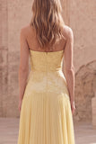 Strapless Yellow A Line Appliqued Maxi Bridesmaid Dress