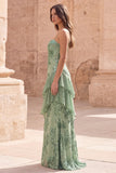Sage Green Ruffled A Line Appliqued Maxi Prom Dress