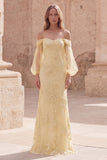 Off the Shoulder Yellow Mermaid Appliqued Maxi Bridesmaid Dress